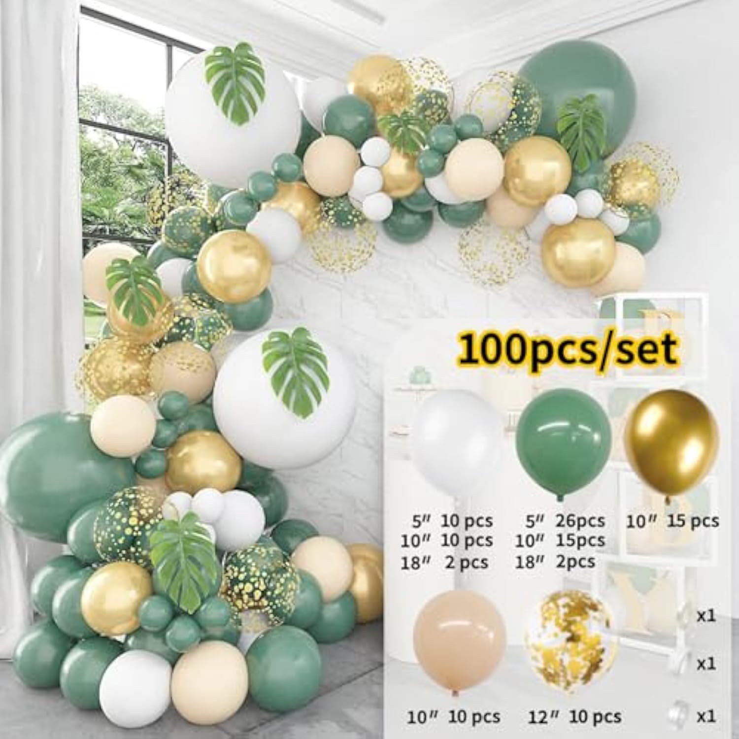 Sage Green Balloon Garland Arch Kit, 100Pcs Olive Garland With Bobo Of Blush White And Gold For Birthday Baby Shower Party Supplies Decorations