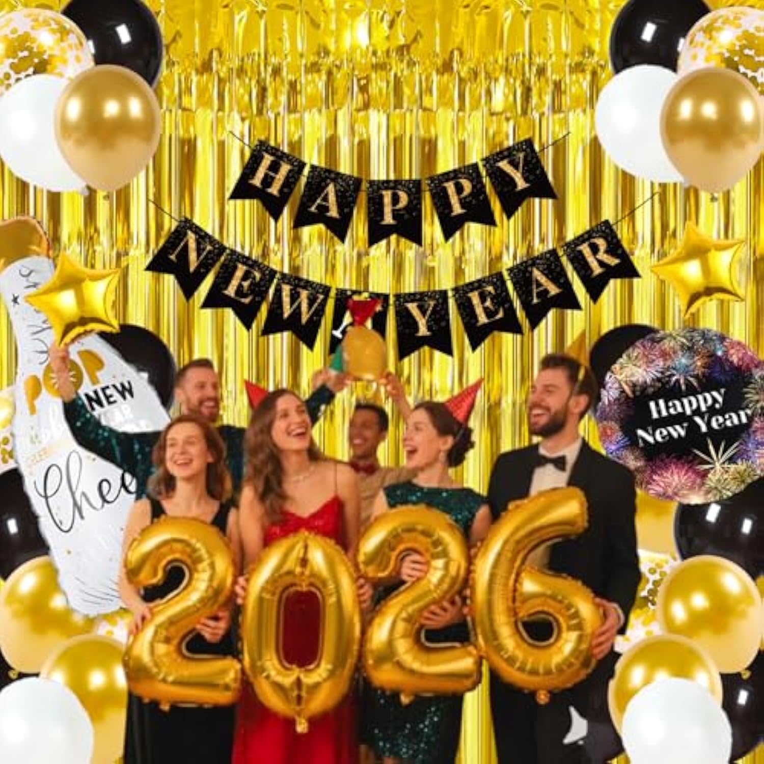 2026 New Year Party Set with Balloons, Banner, and Fringe Curtain in Gold and Black