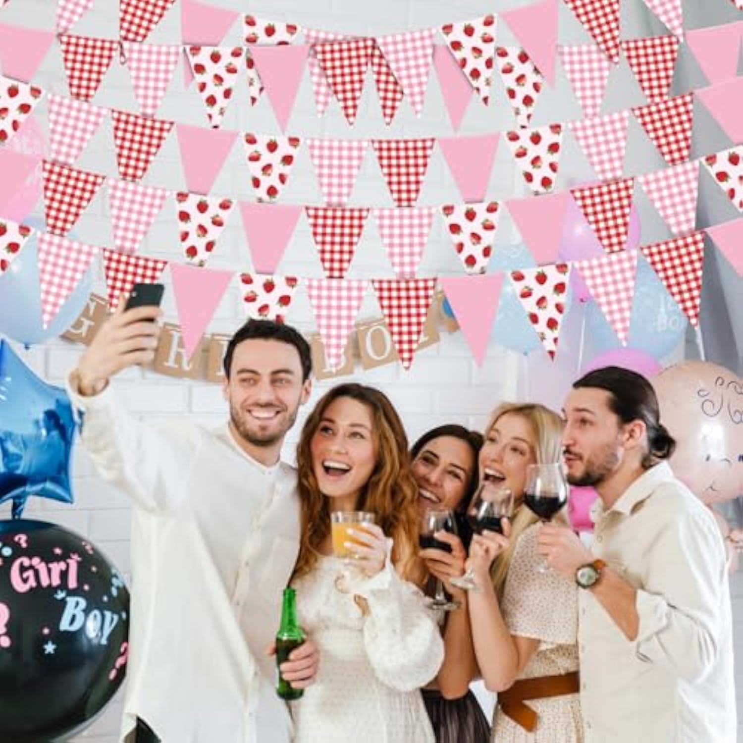 5 Pieces 49 Feet Strawberry Pennant Banners Party Decorations Red Berry Plaid Checkered And Pink Triangle Flags Bunting Banners For Strawberry Baby Shower Party Decor Indoor Outdoor Supplies