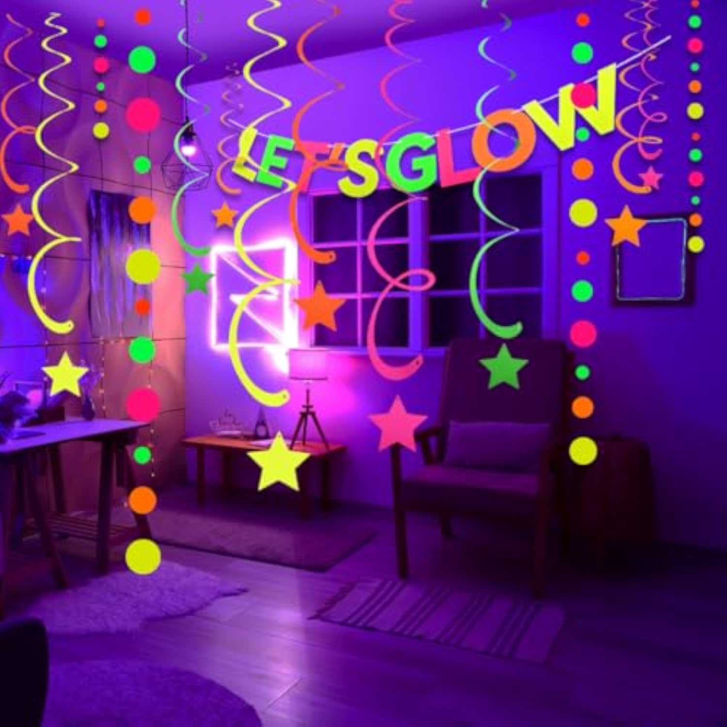 Neon Party Supplies Includes Let'S Glow Banner, Round Dot Paper Garland, Neon Swirl Streamers,Glow In The Dark Party Supplies Decorations Uv Blacklight Reactive Favor For Halloween Wedding Birthday