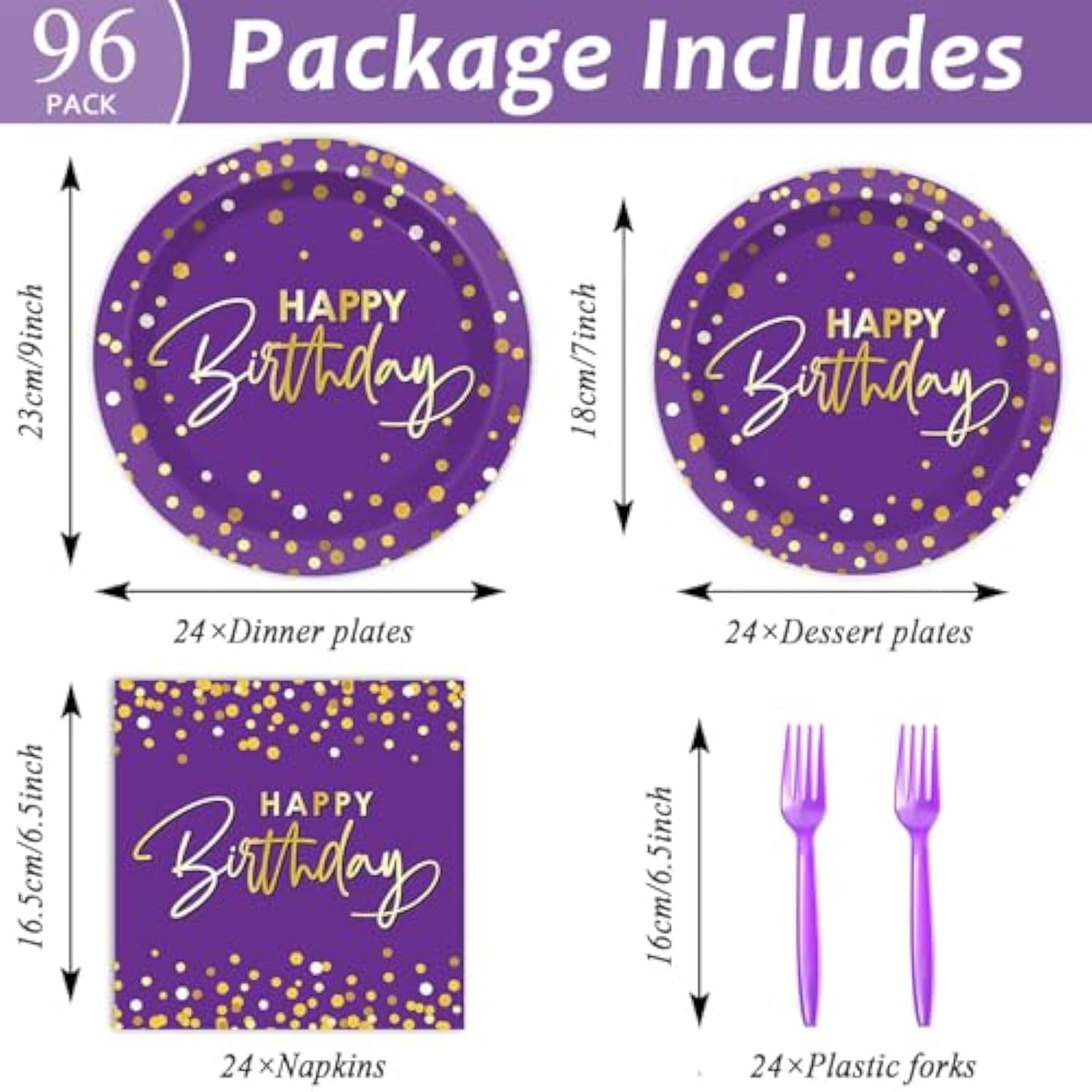 96Pcs Purple Gold Party Plates And Napkins - Happy Birthday Party Decorations - Disposable Tableware Set For 24 Guests