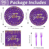 96Pcs Purple Gold Party Plates And Napkins - Happy Birthday Party Decorations - Disposable Tableware Set For 24 Guests