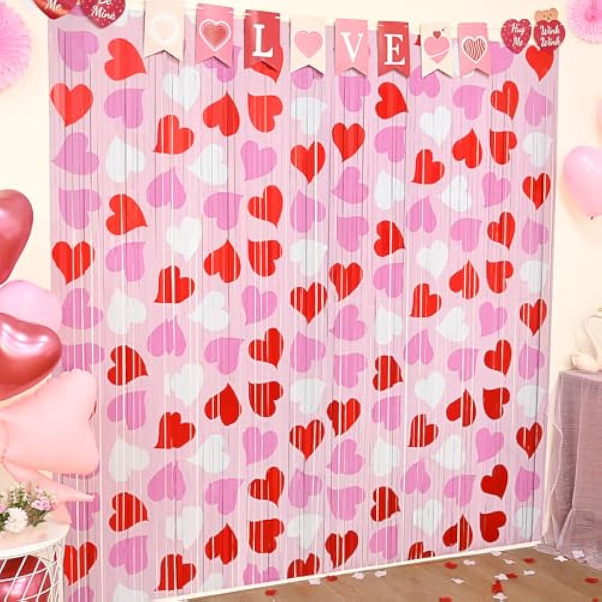 Mega-L 2 Pack Valentines Party Decorations 3.3X6.6 Ft Red Pink White Heart Foil Fringe Curtains Valentine'S Decors Tinsel Metallic Photo Booth Props Backdrop Streamer For Birthday Wedding