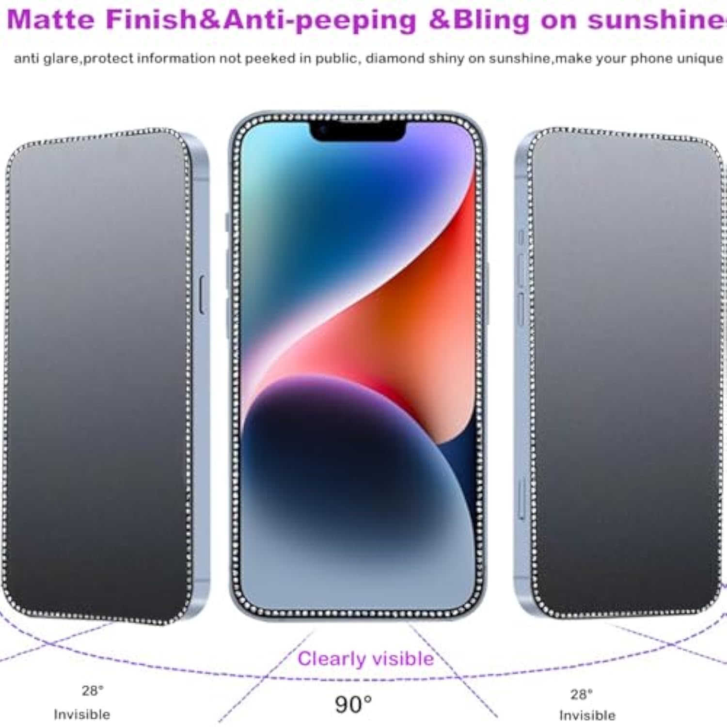 2Pcs Glitter Privacy Matte Screen Protector Suit For Iphone 13 Pro Max/Iphone 14 Plus,Diamond Anti-Spy Bling Shiny Sparkling Tempered Glass Suit For Iphone 13 Pro Max/Iphone 14 Plus 6.7Inch