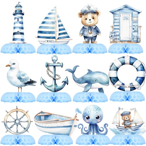 Nautical Baby Shower Table Centerpieces – 12PCS Ocean Sailor Boy Decorations for Blue Baby Shower or First Birthday, Whale Boat Lighthouse Nautical Party Decor