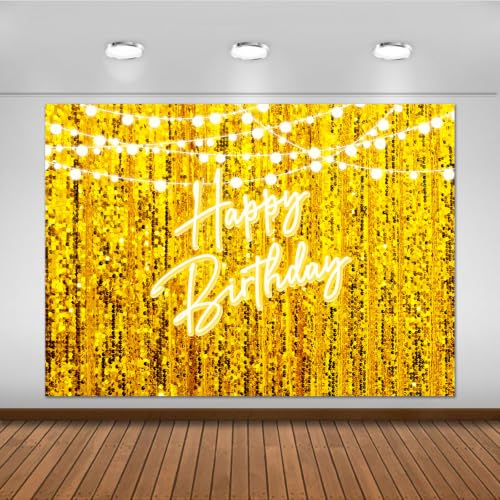 Gold Happy Birthday Backdrop Banner Golden Neon Bday Sign Party Decoration