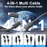 4 In 1 Usb C Cable 60W 20Ft Lightning Cable - Fast Charging Nylon Braided Data Sync Mfi Certified, Long Iphone Charger For Iphone Ipad Charger Cord Multi Charge Cable With Lightning/Type C/Usb A Port