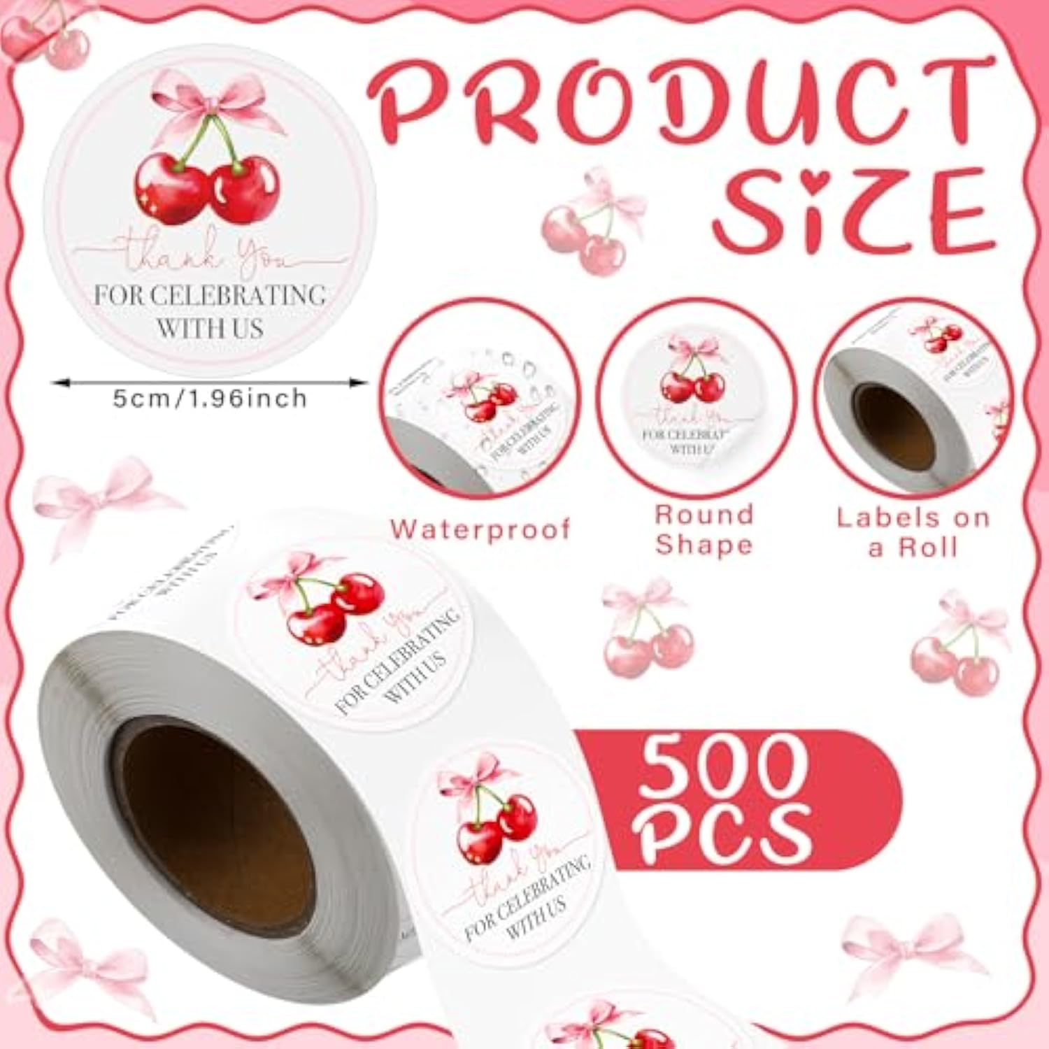 500 Pcs 2 Inch Thank You Cherry Bow Stickers Sweet Cherry Birthday Party Favors Labels Thank You For Celebrating With Us Decoration Stickers For Birthday Bridal Shower Anniversary