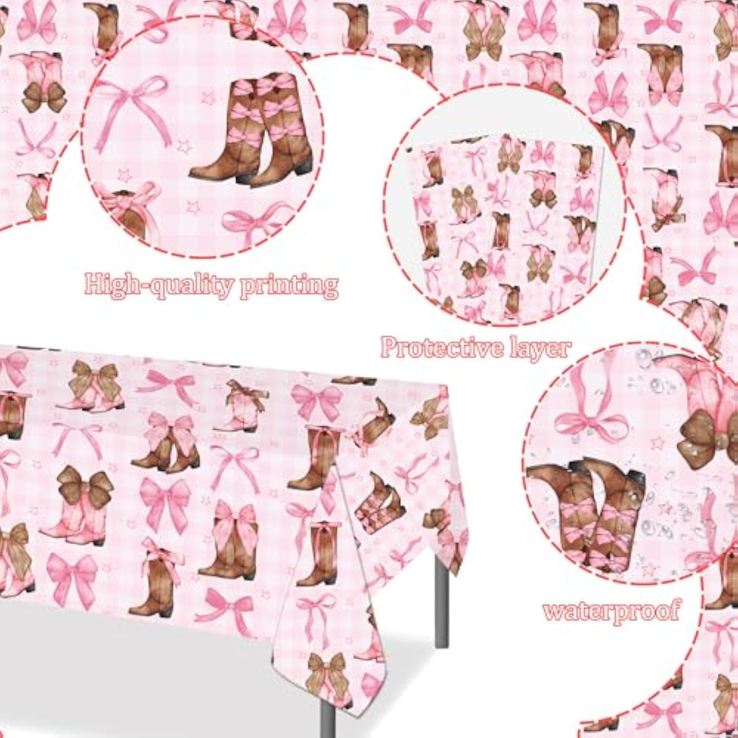 Coquette Bow Cowgirl Tablecloth 2Pcs Western Cowgirl Birthday Party Supplies Pink Bowknot Boots Rodeo Bachelorette Party Table Cover For Wild West Baby Shower Decor