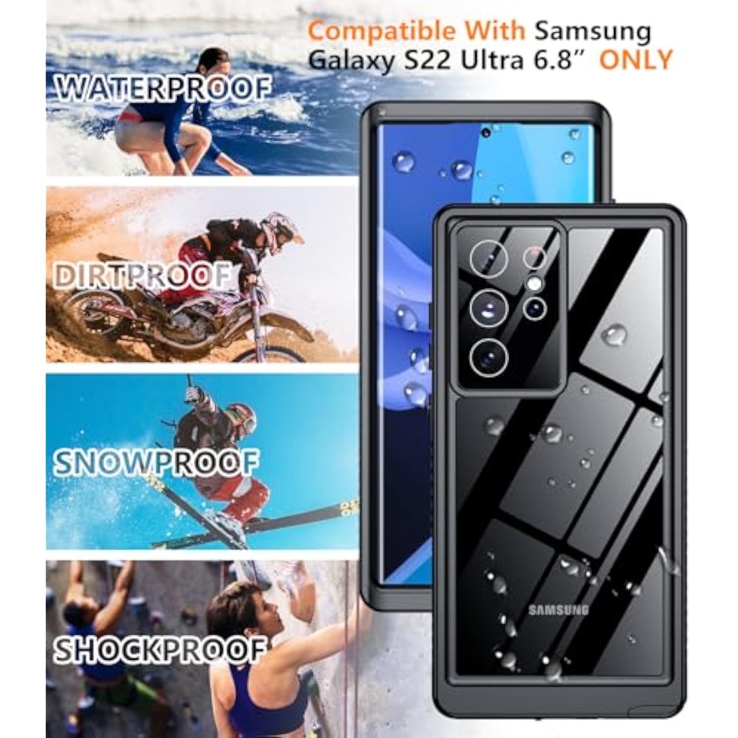Designed For Samsung Galaxy S22 Ultra Case,Waterproof Built-In Lens & Screen Protector [Full Body Shockproof][Military Drop Proof][Ip68 Underwater] Phone Case For S22 Ultra 5G-Black (2022)