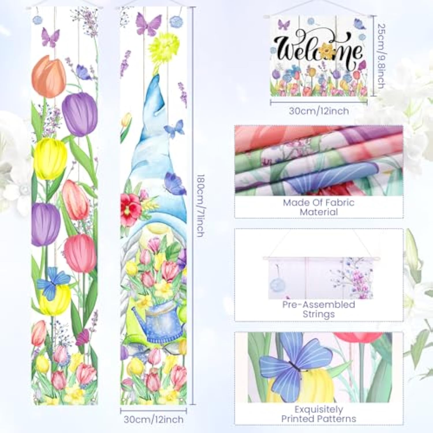 3Pcs Welcome Spring Smmer Door Banner Decorations Tulip Floral Mother'S Day Porch Sign Banner Gnome Hanging Door Banner For Indoor Outdoor Wall Decor Party Supplies