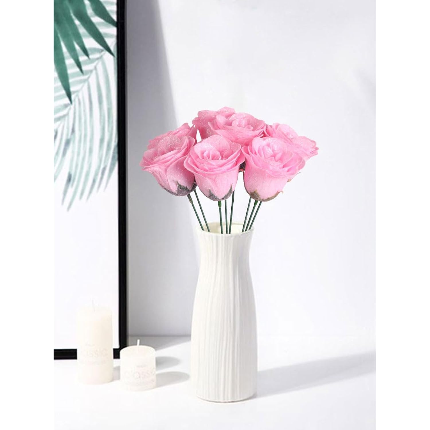 Fake Roses,30Pcs Light Pink Roses Glitter Flowers Artificial Roses With Stems For Crafts Wedding Bouquet Party Home Decor(Light Pink)