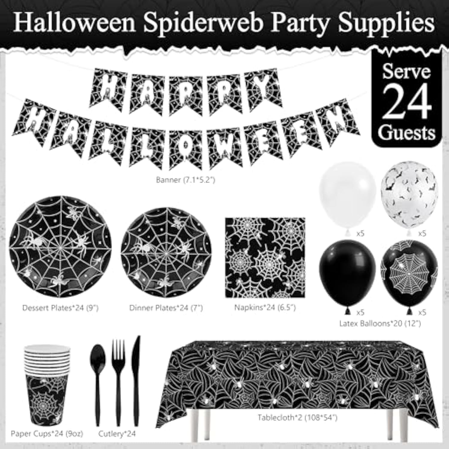 Halloween Spiderweb Tableware Set Disposable Plates Cups Napkins Cutlery Banner Decor Black