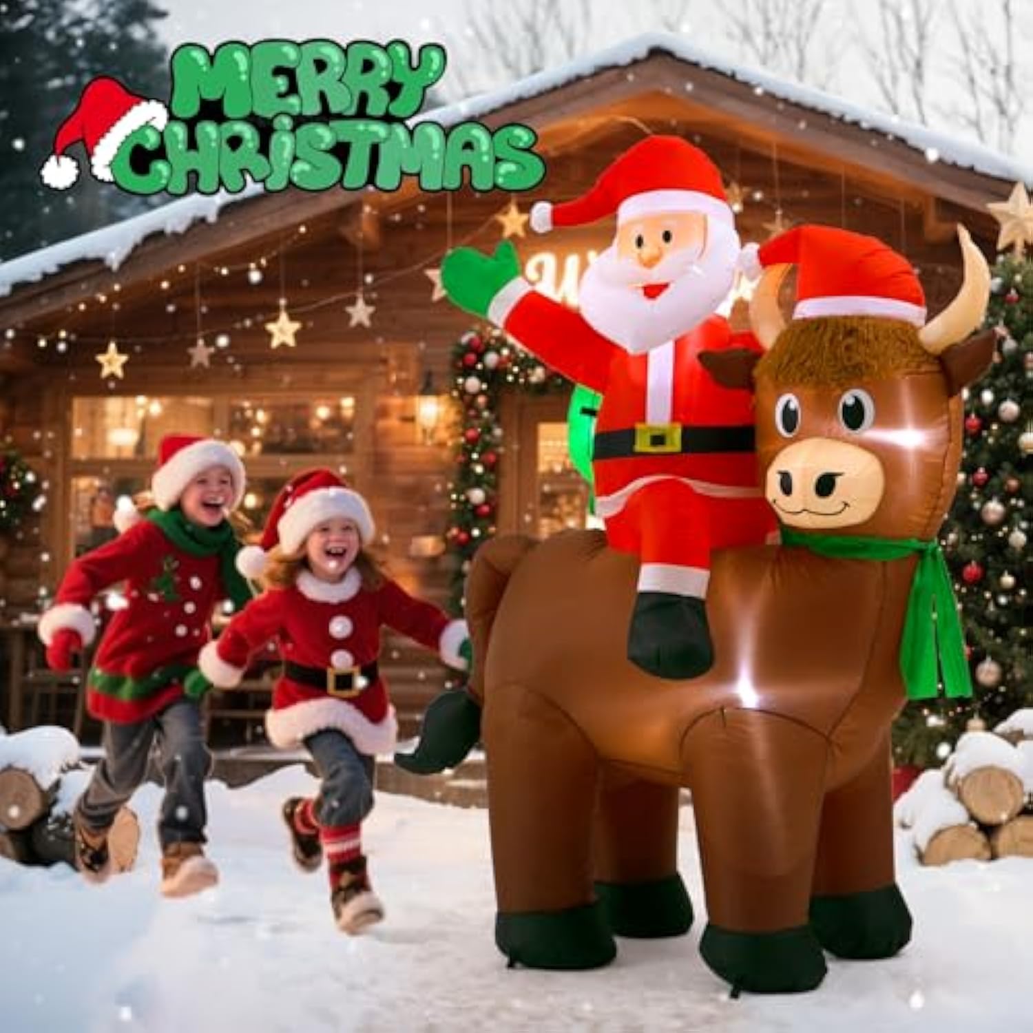 6Ft Highland Cow Christmas Inflatables: Santa Claus With Highland Cow, Santa Blow Ups Outdoor Decorations Garden Decor,