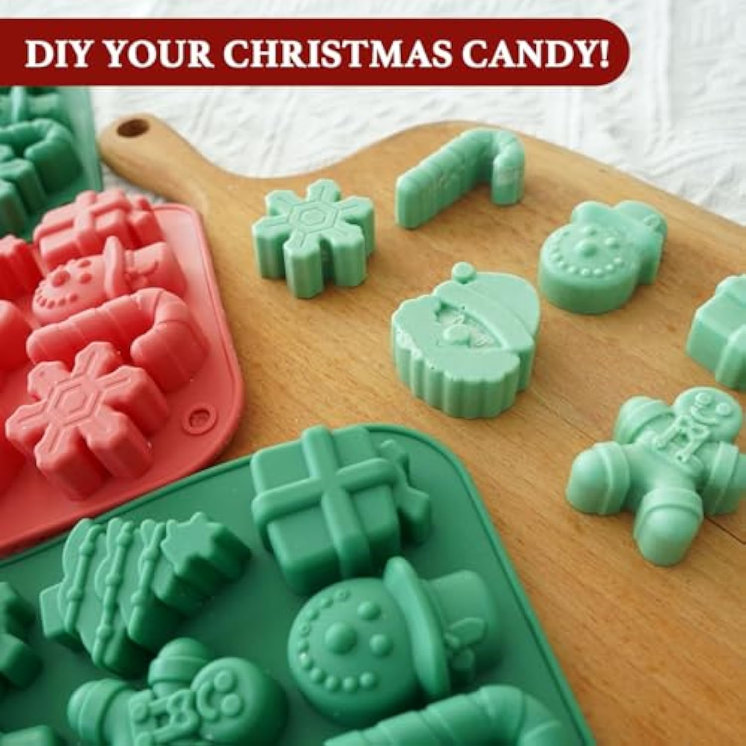 Christmas Silicone Chocolate Molds, 2 Pcs Candy Baking Moulds, 3D Snowflake Cane Snowman Xmas Tree Gingerbread Man Santa Claus Gift Box Shape Mold For Diy Handmade Soap Candles Jello