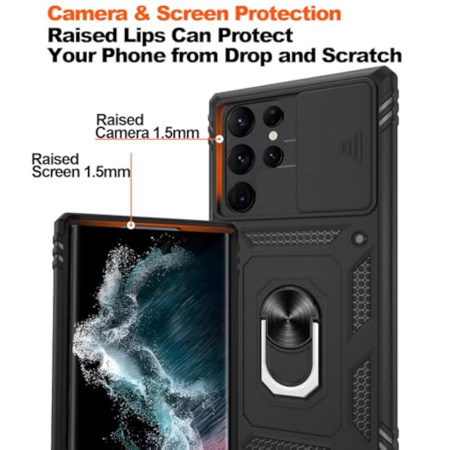For Samsung Galaxy S22 Ultra Case With Slide Camera Cover & Screen Protector*2, S22 Ultra Case Build In 360° Rotating Ring Kickstand, Military Grade Protective Case For Galaxy S22 Ultra Case, Black