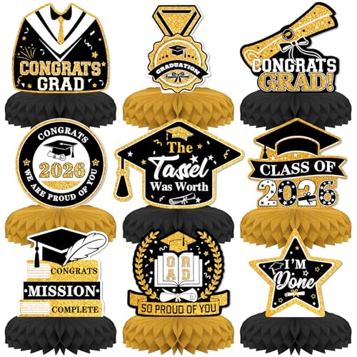 9 PCS 2026 Graduation Decorations, Graduation Honeycomb Centerpieces for Tables Centerpieces 3D Graduation Theme Party Decor Supplies,Black