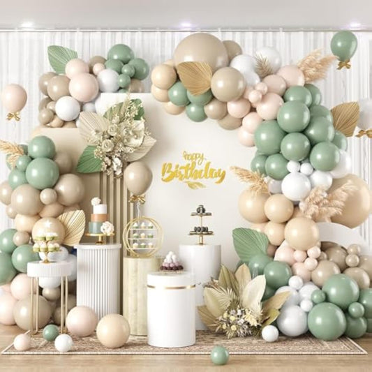 Sage Green Balloon Arch Kit,122Pcs Green Sand White Nude Apricot Matte Neutral Balloons For Baby Shower Boho Wedding Bridal Engagement Gender Reveal Anniversary Graduation Birthday Party Decorations