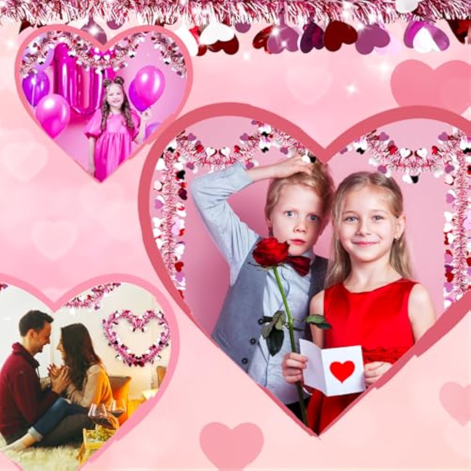 50 Ft Valentines Day Heart Tinsel Garland, Red Pink White Metallic, Shiny Foil Heart Hanging Garland Streamer For Home Indoor Outdoor Decor