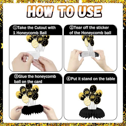 Black Gold New Years Eve Party Supplies Happy New Year Table Centerpieces for New Years Eve Party Decorations, 9 Pcs