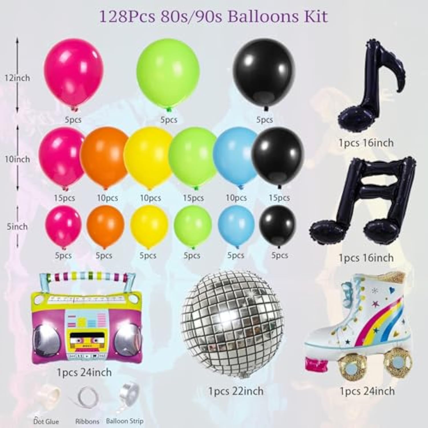 80S 90S Party Decorations 70S Retro Balloon Kit With Disco Ball Radio Skate Balloons For Freaknik Party Decor Disco Dj Music Throwback Birthdays, Proms, Back To The Future,Decades Dance Themed Parties