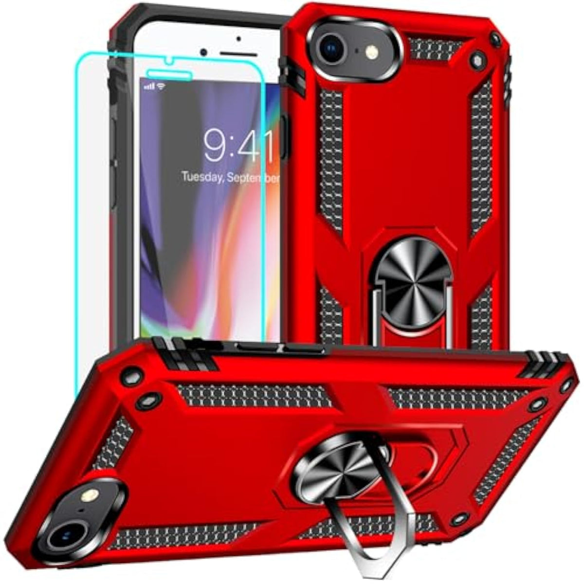 For Iphone 8 Case, Iphone 7 Case, Iphone Se 2020/2022 Case With Screen Protector, Military Grade Protective Cases With Ring For Iphone Se (Red)