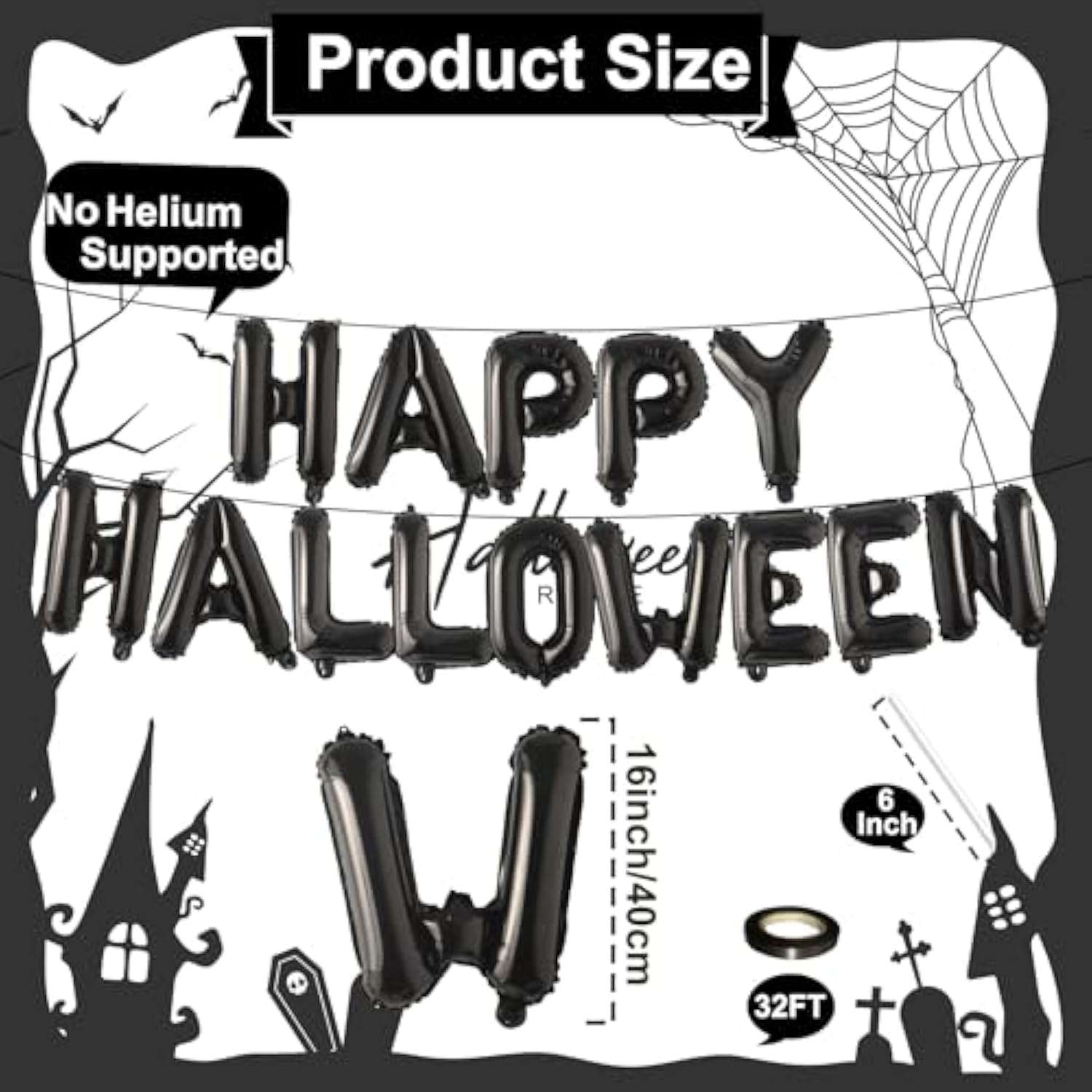 Black "HAPPY HALLOWEEN" Balloon Banner: 16" Mylar Foil Party Decor