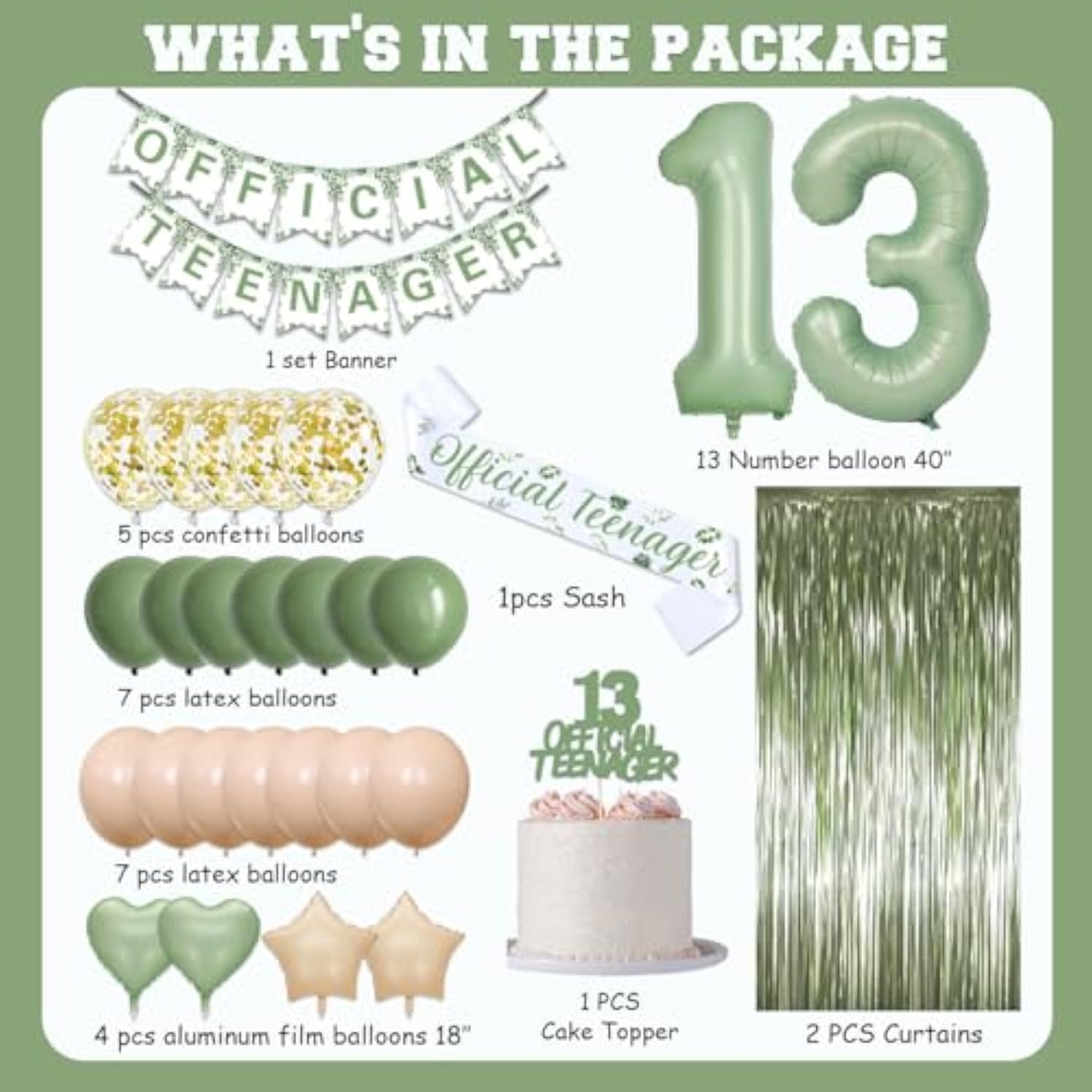 Sage Green 13Th Birthday Decorations Kit - Official Teenager Banner, Cake Topper, Green Balloons, Party Supplies For 13 Years Old