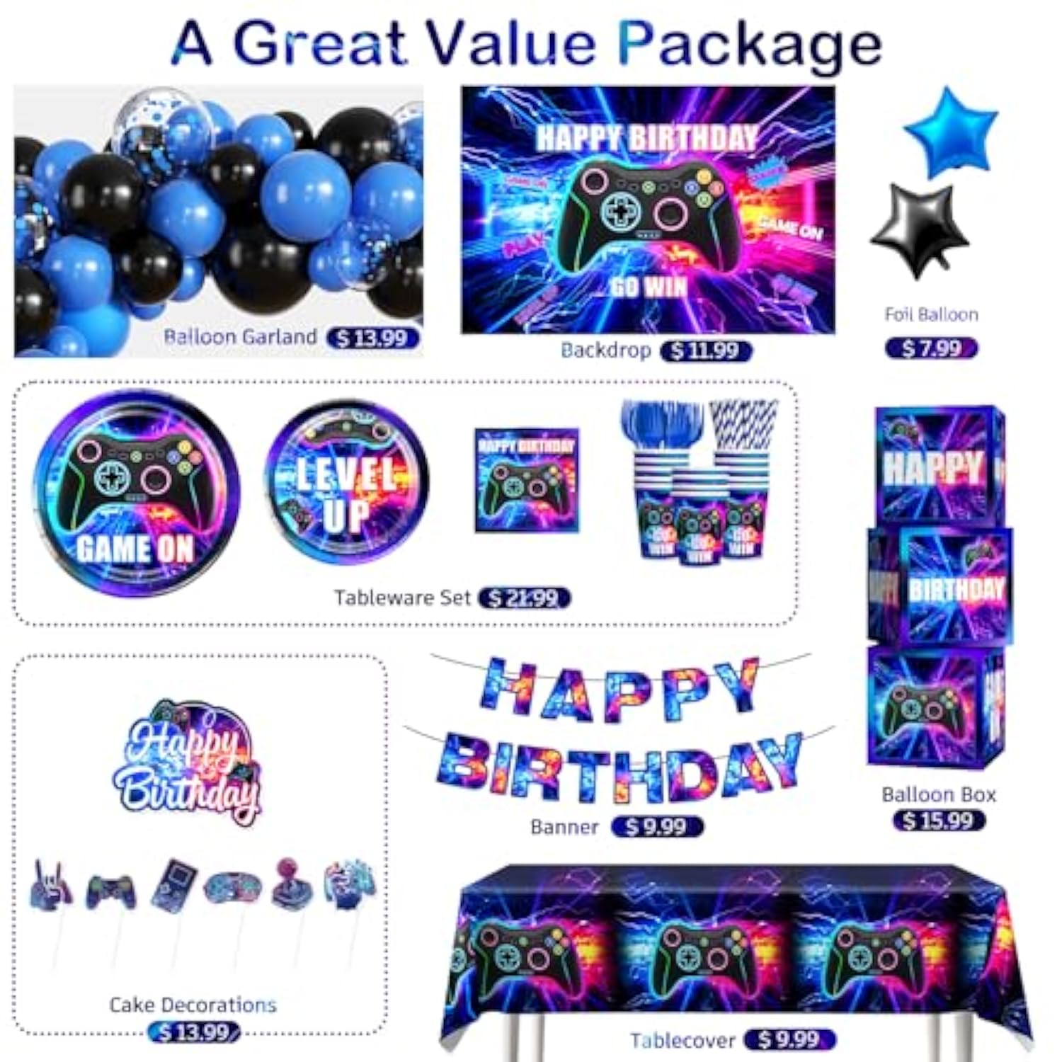 234Pcs Video Game Birthday Decorations, One-Stop Convenient Set Includes Thickened Plates Waterproof Tablecloths And 59 X 39 Inches Backdrop, Suitable For Gamer Birthday Party