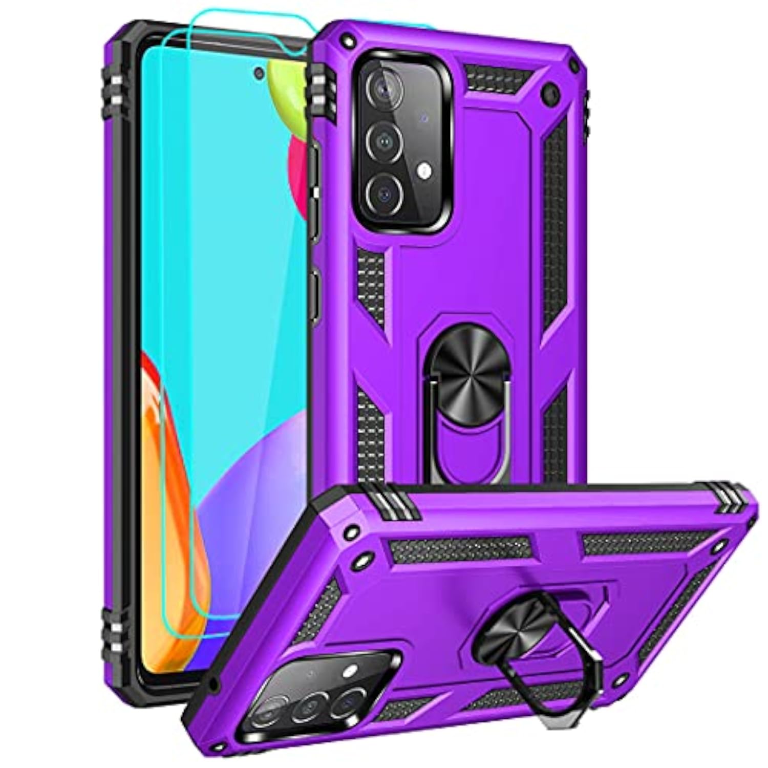 Samsung A52 Case with HD Screen Protector, Military-Grade Ring Holder Kickstand Car Mount, Shockproof Cover for Samsung Galaxy A52, Purple