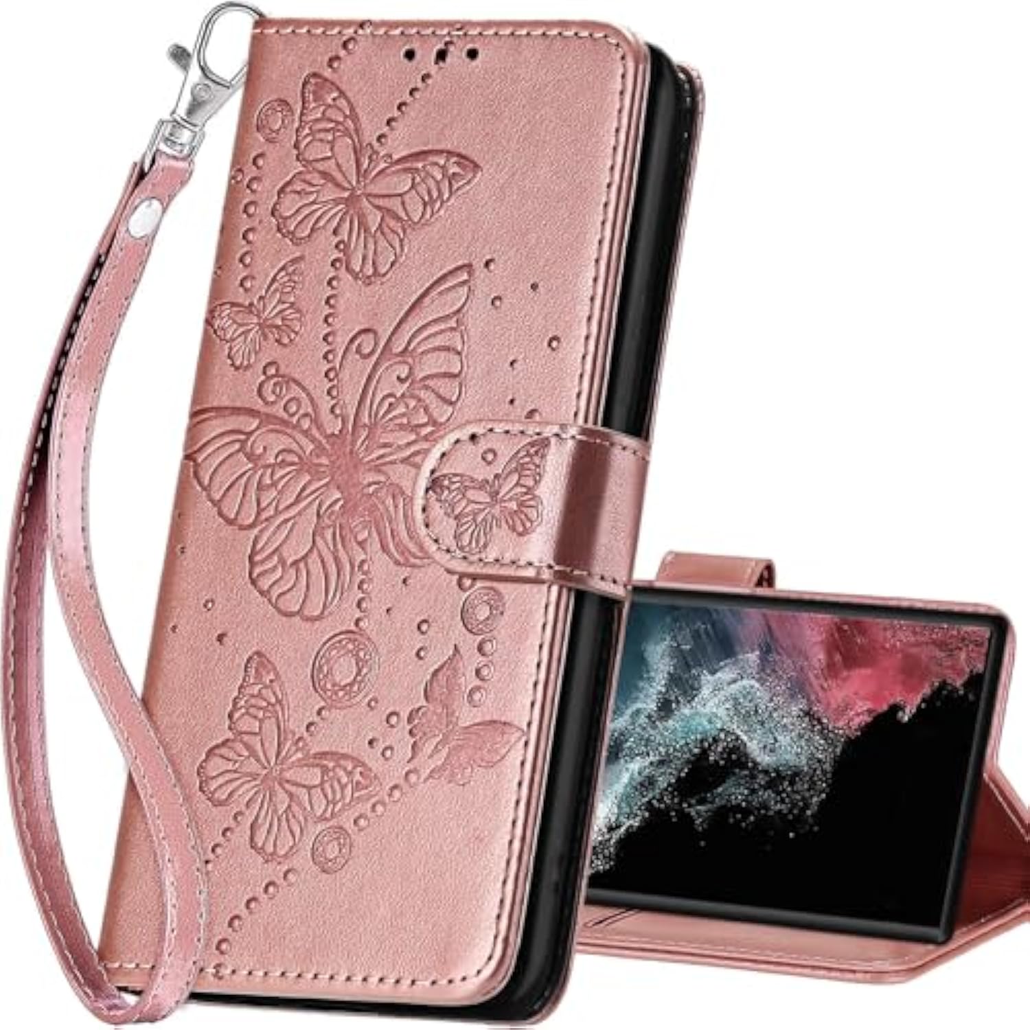 For Samsung Galaxy S23 Ultra Wallet Case, Flip Folio Cover With Stand Feature For Women Men, Pu Leather Phone Case Fit For Samsung Galaxy S23 Ultra [Rose Gold-Butterfly]