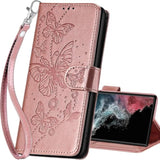For Samsung Galaxy S23 Ultra Wallet Case, Flip Folio Cover With Stand Feature For Women Men, Pu Leather Phone Case Fit For Samsung Galaxy S23 Ultra [Rose Gold-Butterfly]