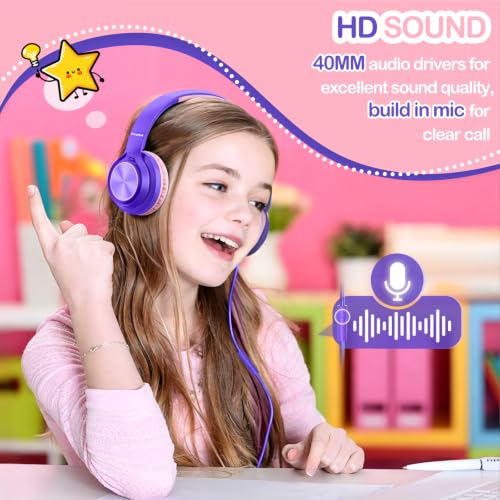 Kids Headphones for School Travel, Upgrade USB Type C Safe Volume 94dB, with Mic HD Stereo Sound Foldable On-Ear Headphones for