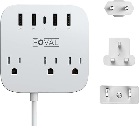 European Travel Power Strip 3 AC Outlets 5 USB Ports 5FT Cord Wall Mount