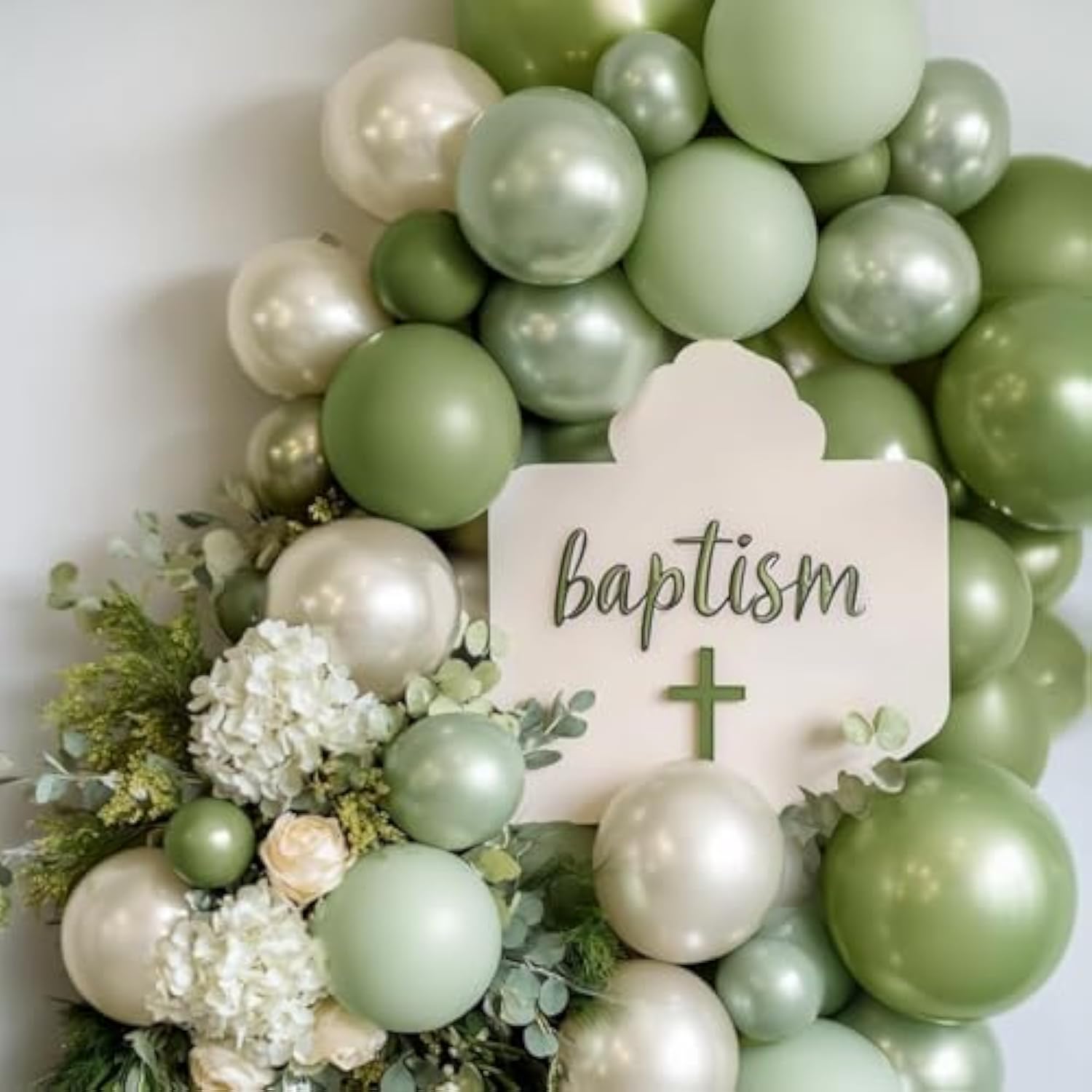 Sage Green & White Balloon Garland Kit - Pearl Double Stuffed
