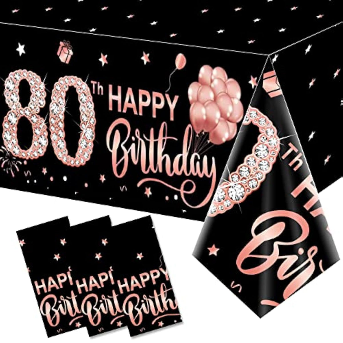 3 Pack Rose Gold 80Th Birthday Tablecloth Decorations - Happy Eighty Birthday Theme Table Cover Party Supplies, Plastic Disposable Rectangular Table Cloth Decor