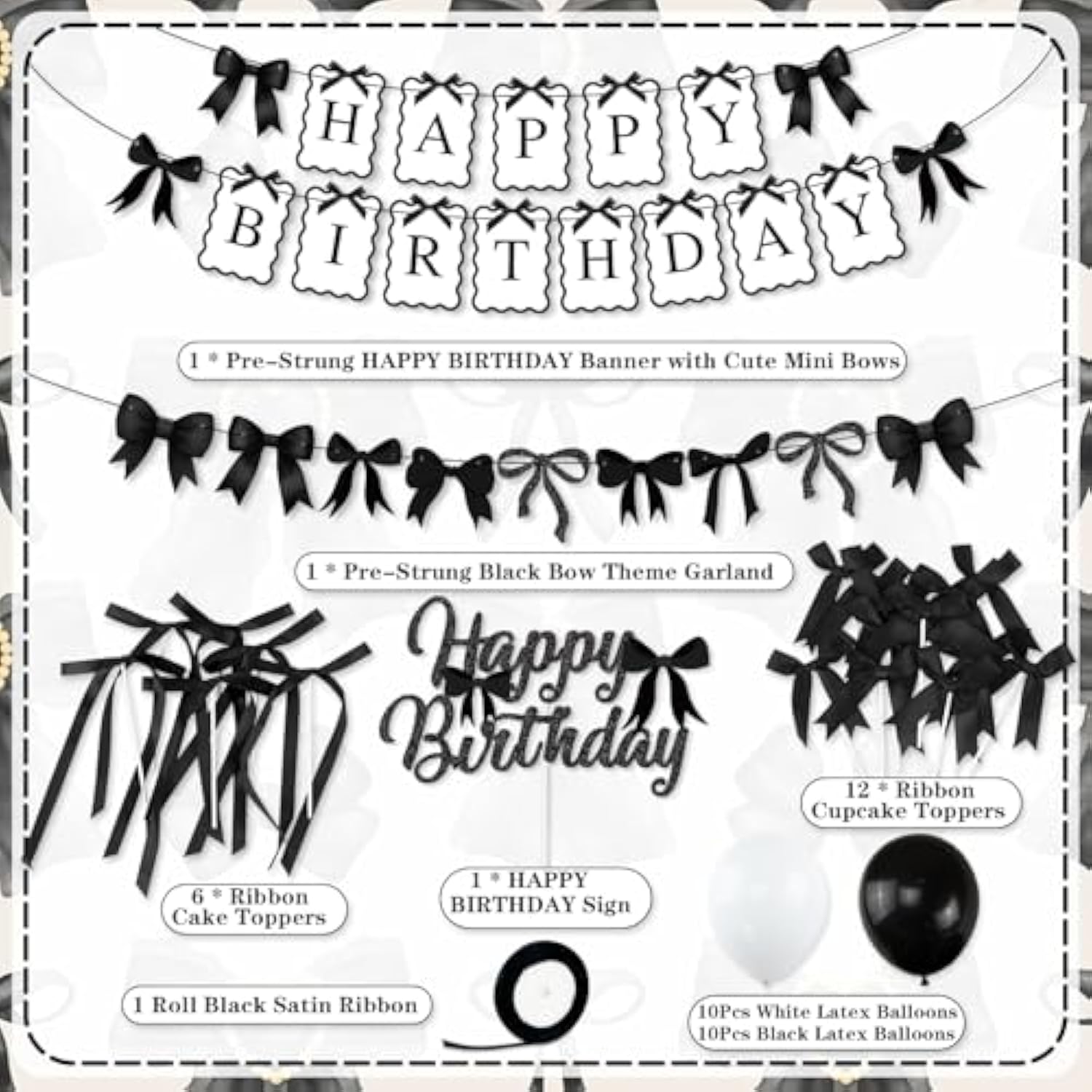 Black Bow Birthday Party Decorations, Bows Happy Birthday Banner Garland, Ribbon Bow Cake & Cupcake Toppers, Black White Balloons And Satin Ribbon For Women Girls Bows Party Decor