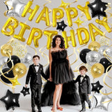 Black Gold Birthday Party Set with 3D Foil Banner Stars and Confetti Balloons