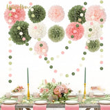 Wedding Party Decorations Set, 15 Pcs Pink Sage Green Tissue Paper Pom Poms Dots Paper Garland String Hanging Decor For Bridal Shower Baby Shower Engagement Birthday Spring Summer Party