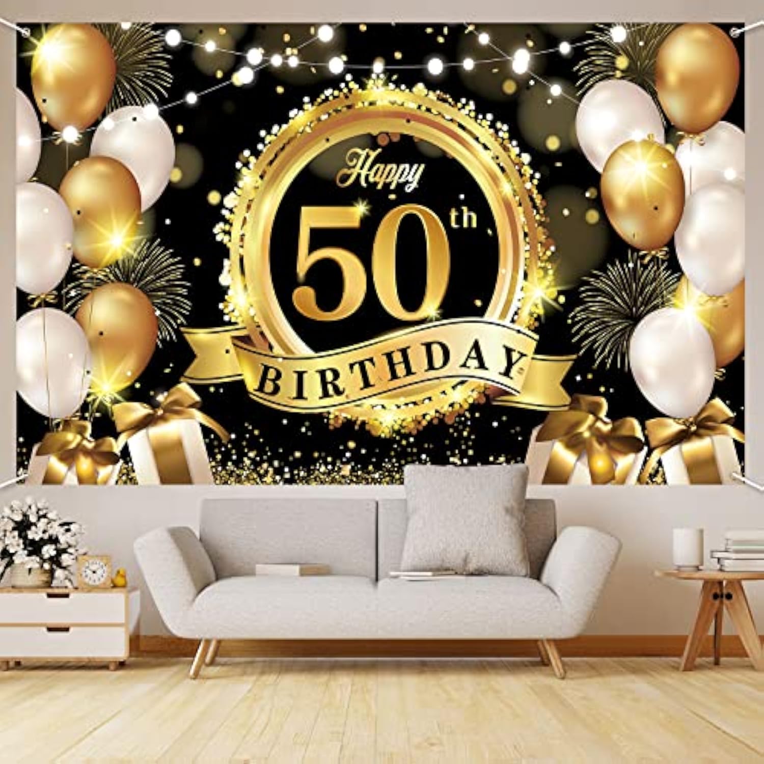 Happy 50th Birthday Backdrop - Black & Gold Extra Large Fabric Banner (72.8x43.3 Inch)