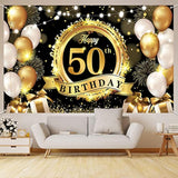 Happy 50th Birthday Backdrop - Black & Gold Extra Large Fabric Banner (72.8x43.3 Inch)