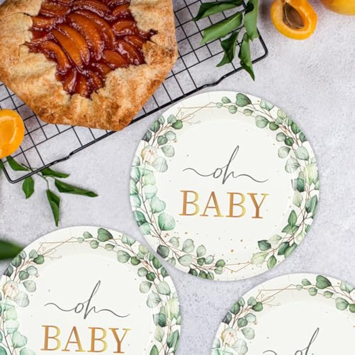 50 Pcs Eucalyptus Baby Shower Paper Plates, 7Inch Greenery Oh Baby Dessert Plate Party Supplies Disposable Tableware Sets For Boys Or Girls Gender Reveal Shower Party Decorations Favors