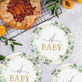 50 Pcs Eucalyptus Baby Shower Paper Plates, 7Inch Greenery Oh Baby Dessert Plate Party Supplies Disposable Tableware Sets For Boys Or Girls Gender Reveal Shower Party Decorations Favors
