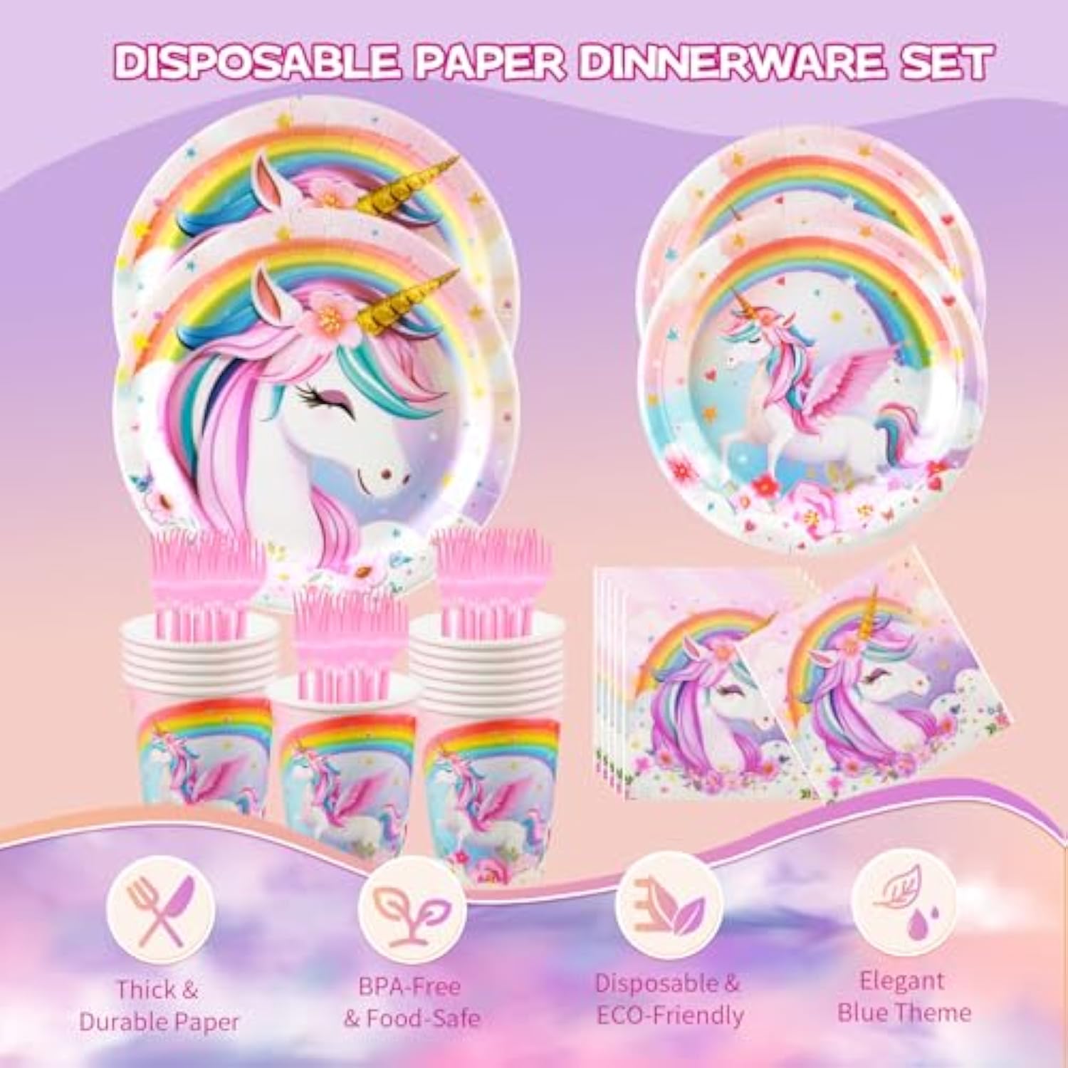 Unicorn Birthday Party Supplies Set, Disposable Tableware For 24 Guests, Includes Plates, Cups, Napkins, Cutlery – Cute Rainbow Unicorn Theme Birthday Decorations For Girls & Kids Party