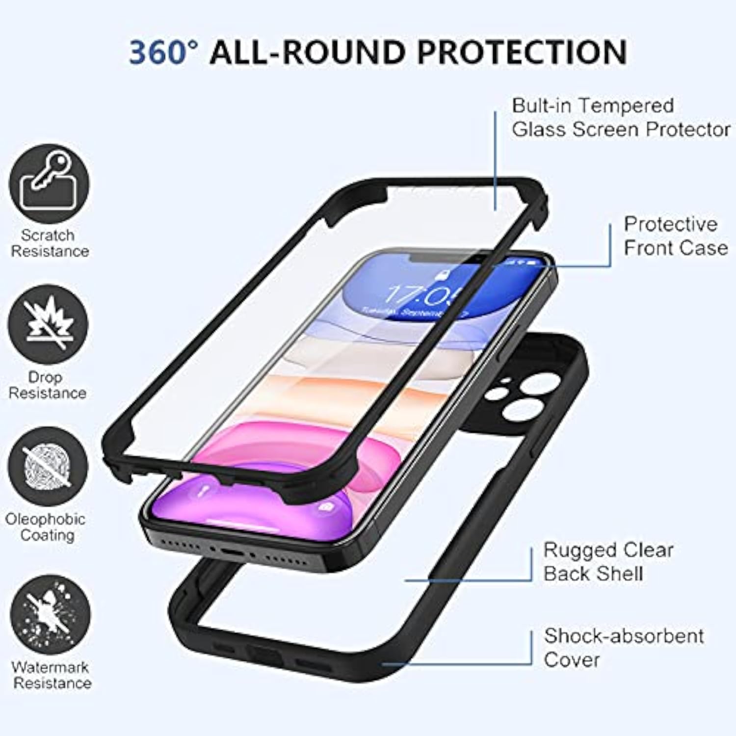 Clear Protective Case for iPhone 11 - Black Full Body Design