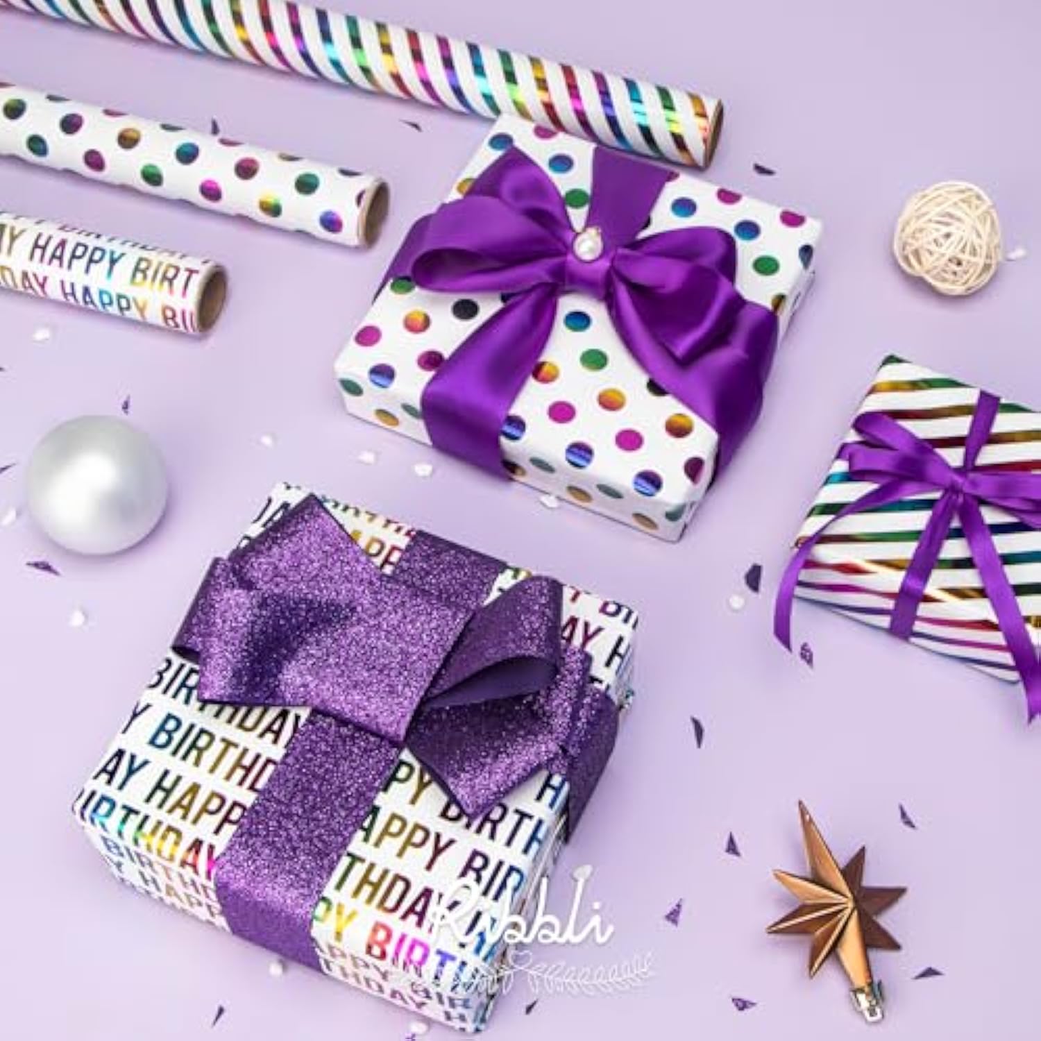 Iridescent Birthday Wrapping Paper 3 Rolls Polka Dots Stripes 17In X 120In Each