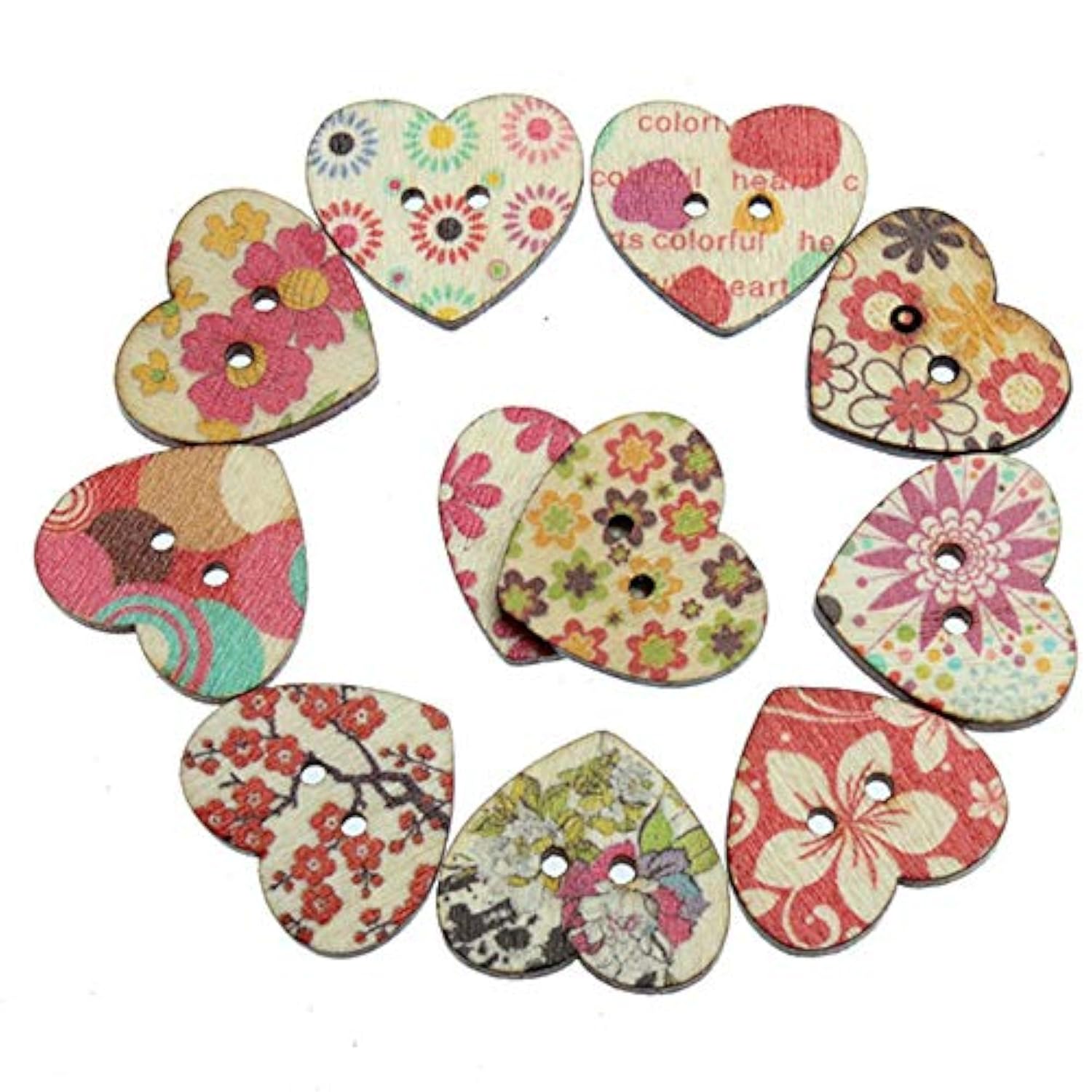 50 Pack 25Mm 2-Hole Mixed Flower Pattern Printed Wooden Peach Heart Sh