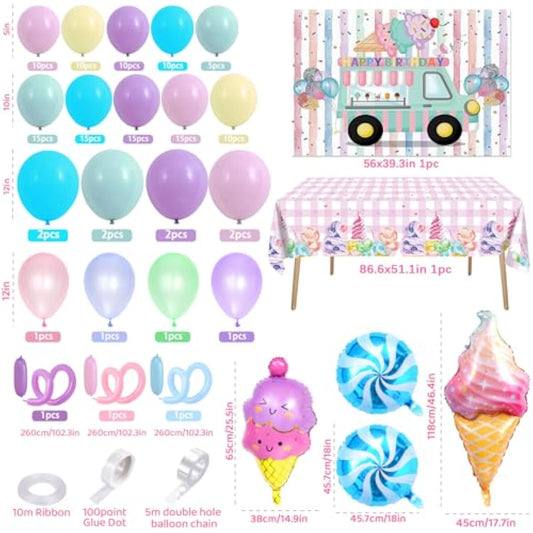 Ice Cream Party Decorations Birthday Supplies For Girls, Pastel Ice Cream Balloons Garland Arch Kit Backdrop Tablecloth Candy Long Strip Balloon, Two Sweet Ice Cream Birthday Party Decorations