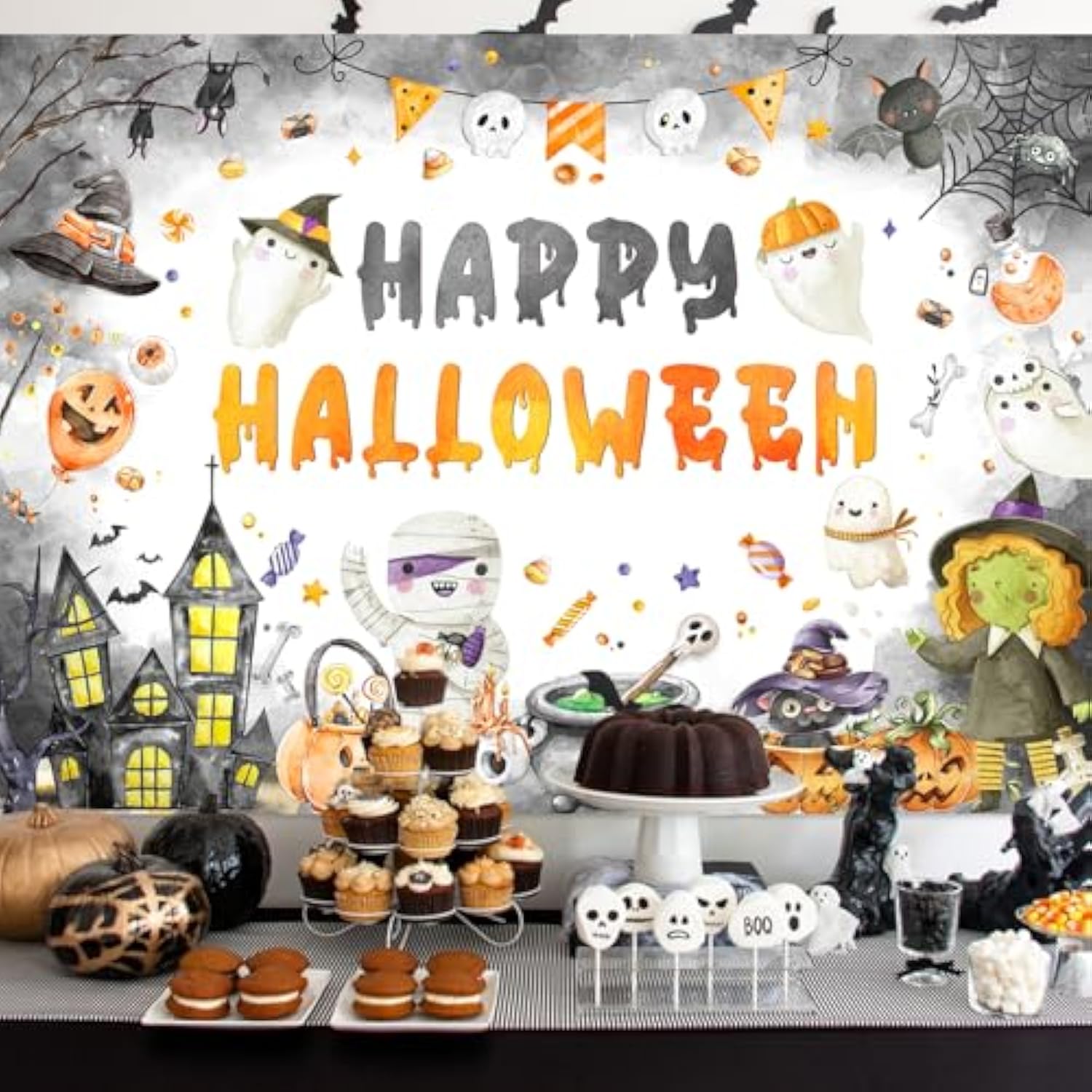 Happy Halloween Backdrop Cartoon Party Banner Spooky Ghost Photography Background 7x5ft
