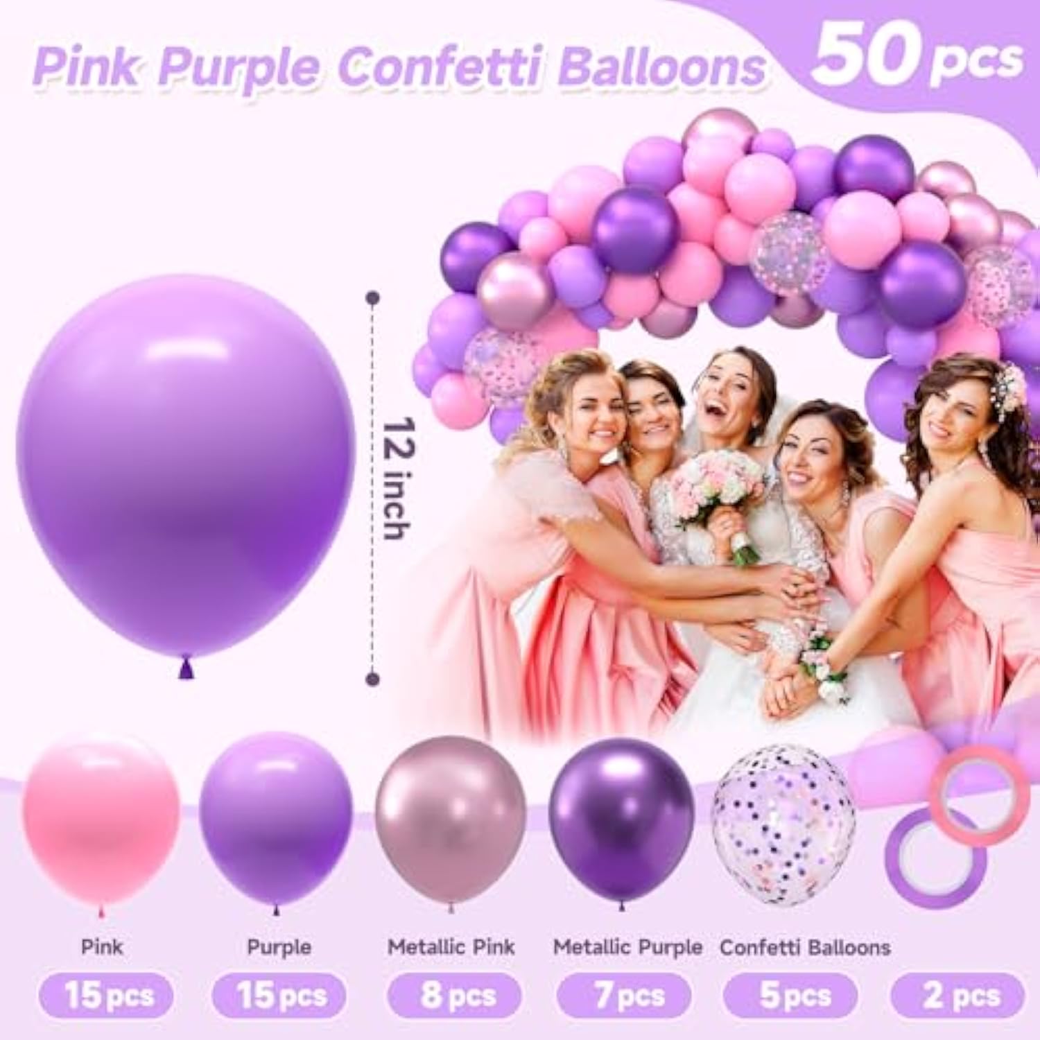 50Pcs Pink & Purple Confetti Balloons, 12-Inch Metallic Latex for Birthday & Party Decor